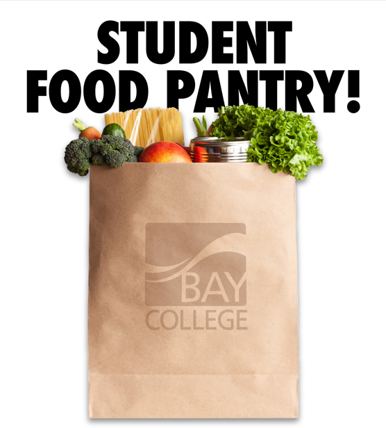 Student Food Pantry! Brown, paper grocery bag with the Bay College Logo. Various groceries are visible at the top of the bag.